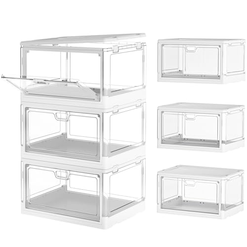 Tidytrove Storage Boxes With Lids - 23l*3 Plastic Box With Doors, Stackable Storage Boxes, Clear Drawers, Large Box With Wheels for Bedroom, Living Room, Kitchen, 3 Packs