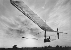 Bryan Allen flying the pedal-powered Gossamer Albatross. Credit: Bettmann Archive / Getty