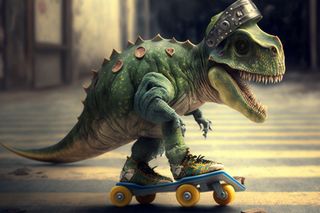 A dinosaur on a skateboard created via midjourney