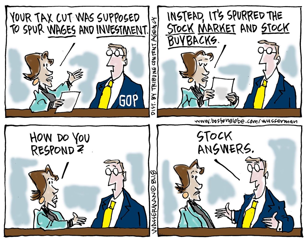 Political cartoon U.S. economy business tax cuts stock market wages investment Wall Street