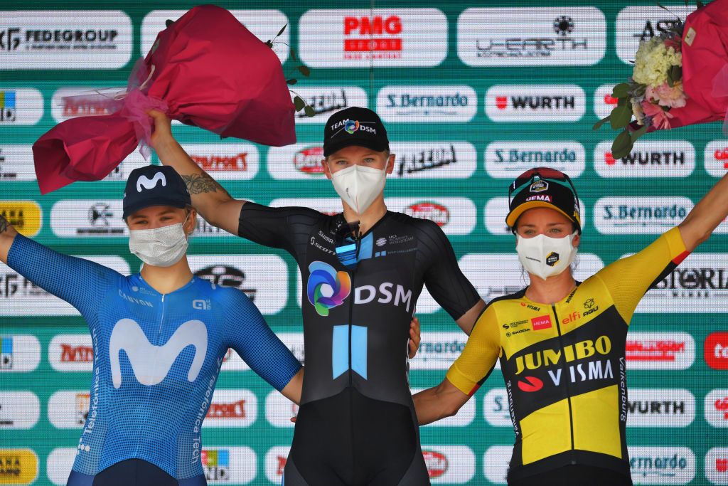CARUGATE ITALY JULY 06 Emma Norsgaard Jorgensen of Denmark and Movistar Team 2nd place Lorena Wiebes of Netherlands and Team DSM stage winner Marianne Vos of Netherlands and Jumbo Visma Team 3rd place celebrates at podium during the 32nd Giro dItalia Internazionale Femminile 2021 Stage 5 a 1201km stage from Milano to Carugate Champagne GiroDonne UCIWWT on July 06 2021 in Carugate Italy Photo by Luc ClaessenGetty Images