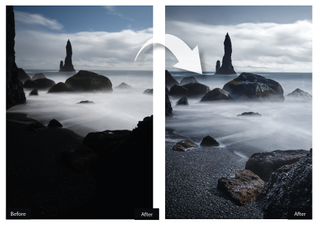 A before and after of a landscape photograph edited in Affinity Photo 2