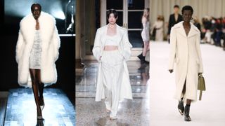 A composite of models on the runway showing coat trends 2022 cream coats