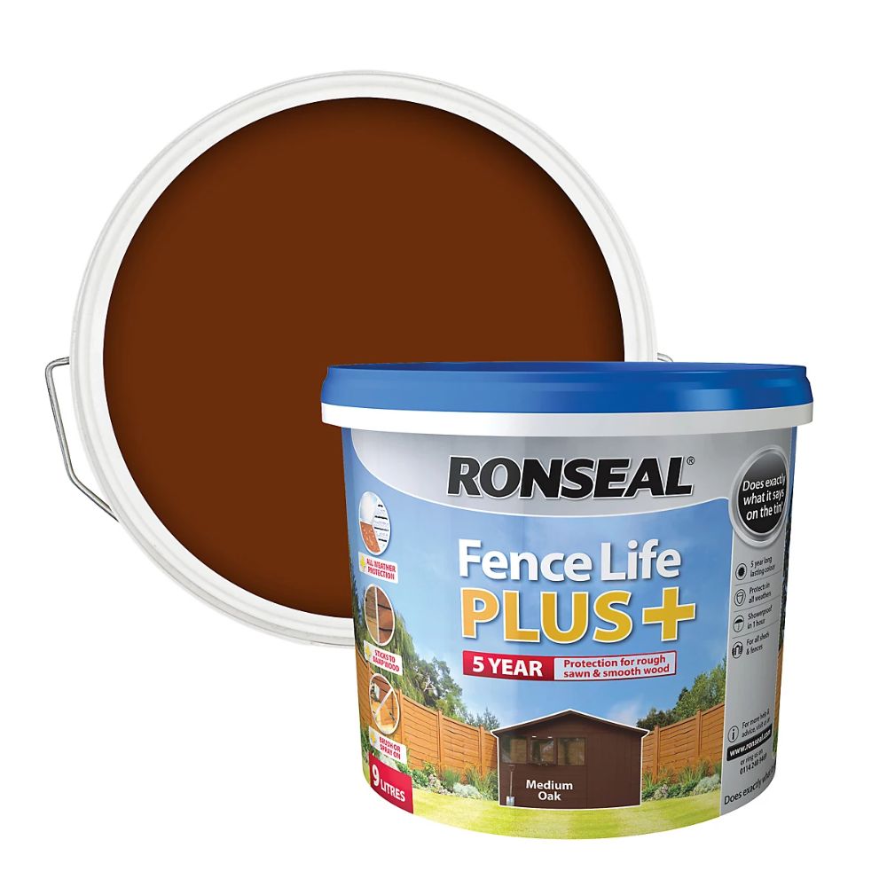 A medium oak shade of Ronseal Fence Life Plus paint