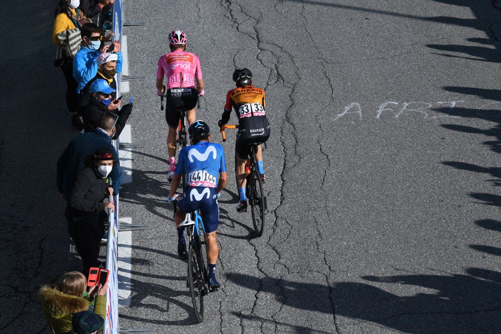 SESTRIERE ITALY OCTOBER 24 Arrival Wilco Kelderman of The Netherlands and Team Sunweb Pink Leader Jersey Pello Bilbao of Spain and Team Bahrain Mclaren Einer Augusto Rubio Reyes of Colombia and Movistar Team Fans Public during the 103rd Giro dItalia 2020 Stage 20 a 190km stage from Alba to Sestriere 2035m girodiitalia Giro on October 24 2020 in Sestriere Italy Photo by Tim de WaeleGetty Images