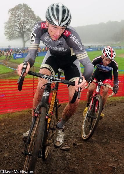 Tristen Schouten (Cyclocrossracing.com) rounding some S-Turns with Justine Lindine