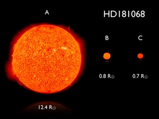 Artist's impression comparing the approximate sizes and colors of the stars in the triple system HD 181068.