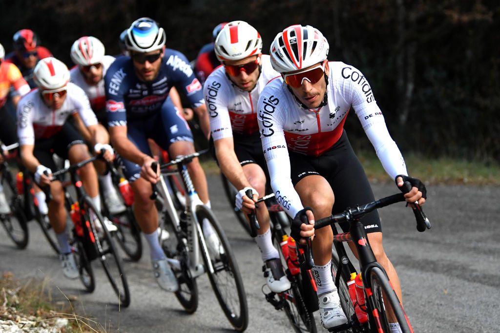 GARD FRANCE FEBRUARY 05 Jose Herrada Lopez of Spain and Team Cofidis leads the peloton during the 52nd toile De Bessges Tour Du Gard 2022 Stage 4 a 145km stage from Saint Hilaire de Brethmas to Mont Bouqueton 617m EDB2022 February 05 2022 in Gard France Photo by Luc ClaessenGetty Images