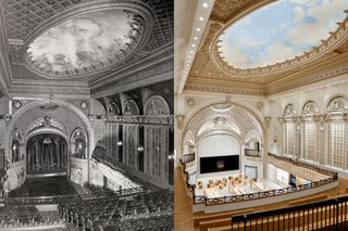 Archival photograph of Tower Theater in LA compared to a modern day Apple one