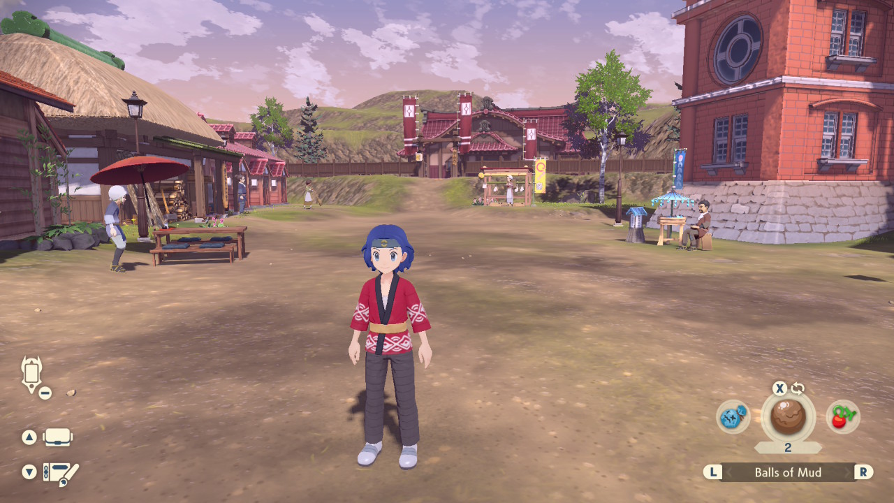 Trainer in Pok&eacute;mon Legends: Arceus, with handheld boost mode on