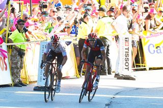 Dylan Teuns (BMC) and Michal Kwiatkowski (Sky) sprint for the line stage 4 Tour de Pologne