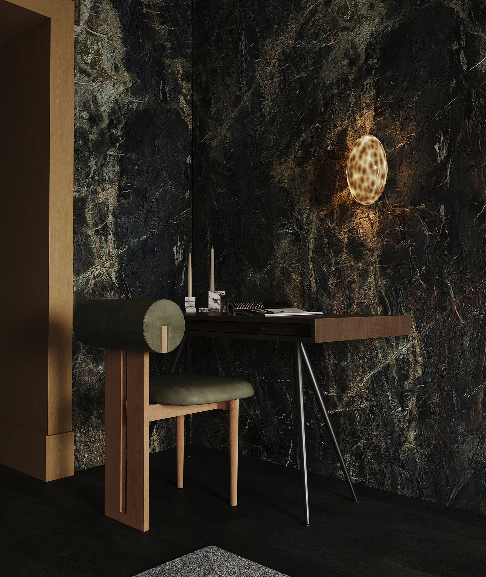 A corner in the bedroom with a study desk and a wall light