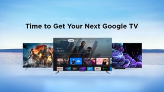 Google TV ad with Google TVs on blue background