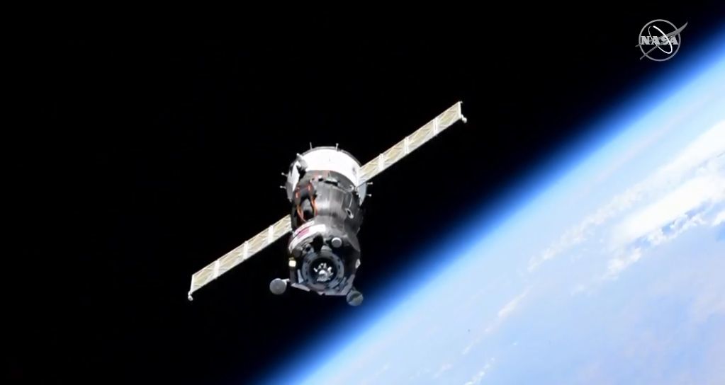 The Russian Soyuz MS-14 spacecraft carrying the humanoid robot Skybot F-850 is seen during final approach to the International Space Station on Aug. 24, 2019. The Soyuz's docking was aborted due to a problem with its KURS rendezvous system.