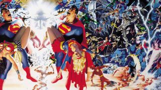 DC Comics artwork of Crisis on Infinite Earths, including both versions of Superman crying