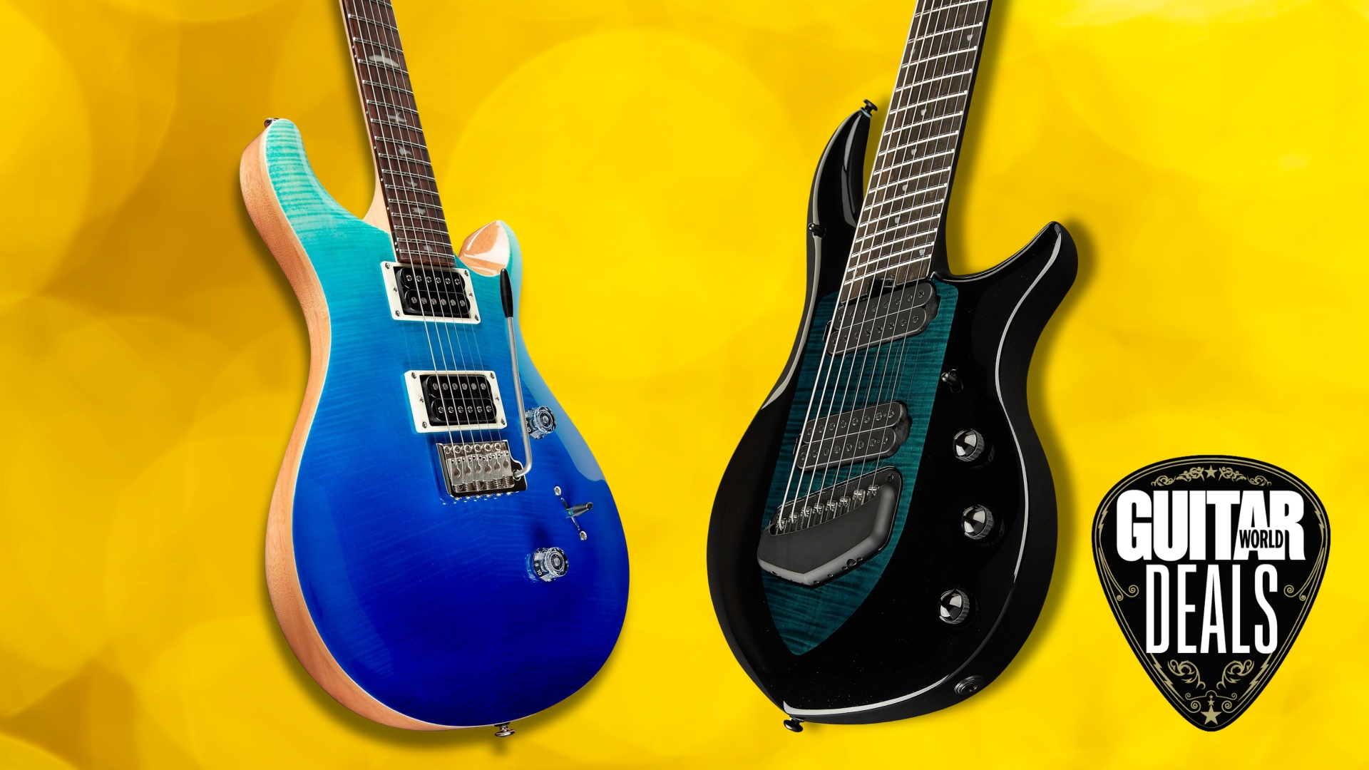 Two electric guitars on a yellow background