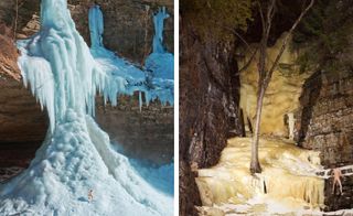 Left: Naked woman climbing up a huge, frozen waterfall. Right: naked woman standing on a rock ledge beside a frozen waterfall