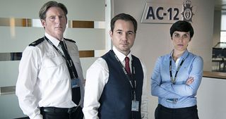 Programme Name: Line of Duty - TX: n/a - Episode: n/a (No. n/a) - Picture Shows: Superintendent Ted Hastings (ADRIAN DUNBAR), Detective Sergeant Steve Arnott (MARTIN COMPSTON), Detective Constable Kate Fleming (VICKY McCLURE) - (C) World Productions - Photographer: Steffan Hill