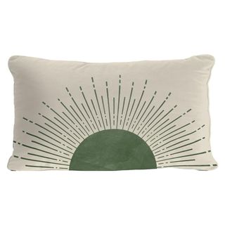 An off-white rectangular throw pillow with a green sun illustration
