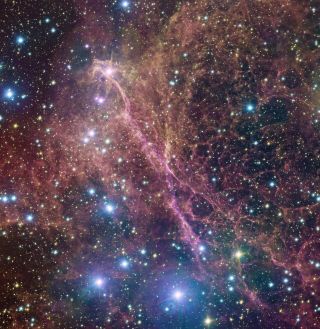 This is a small patch of the Vela supernova remnant, the intricate leftovers of the explosion of a massive star 11,000 years ago