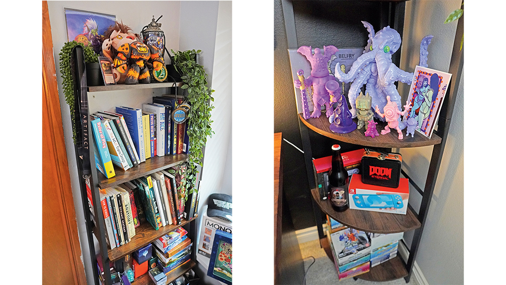 Shelves with books and 3D models in Forrest Imel&#039;s art studio