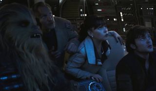 Solo: A Star Wars Story Chewie, Beckett, Qi'ra, and Han stare up at the Maw as they pilot through it