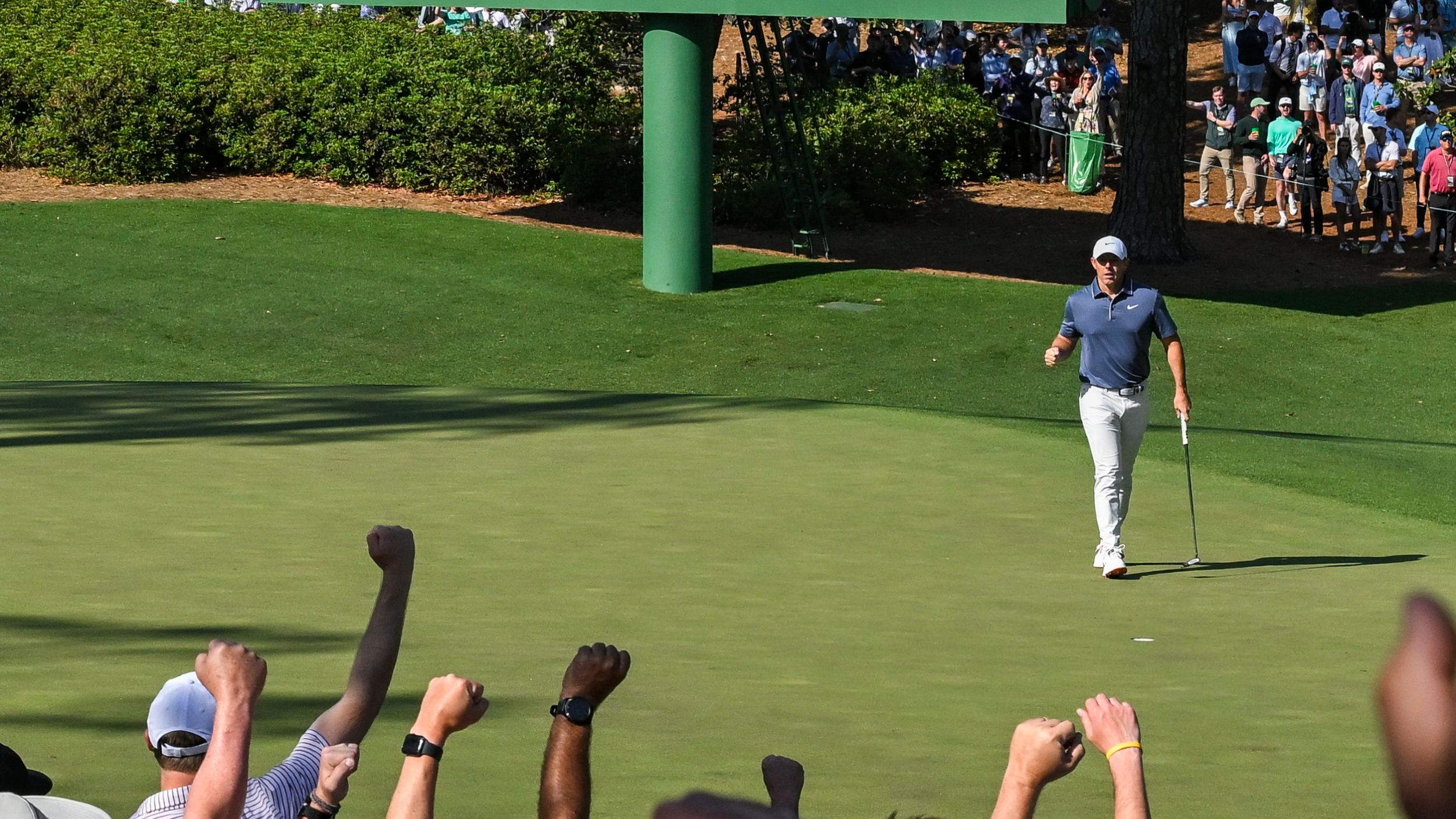 Rory McIlroy celebrates his birdie on the 10th during the final round of The Masters