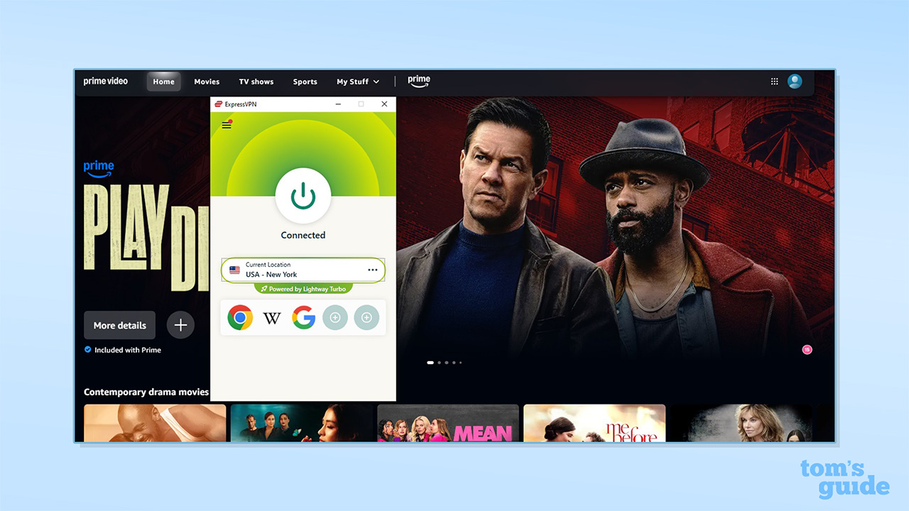ExpressVPN on desktop connected to an American server, unblocking Amazon Prime