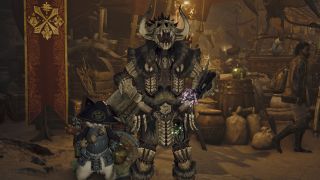 Monster Hunter Wilds Dual Blades build - A hunter standing defiantly wearing Bone armour at camp, standing next to their Palico.