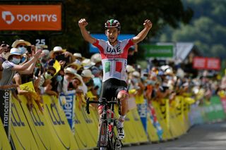 SAINT MARTIN DE BELLEVILLE FRANCE AUGUST 14 Arrival Davide Formolo of Italy and Team UAE Team Emirates Celebration during the 72nd Criterium du Dauphine 2020 Stage 3 a 157km stage from Corenc to Saint Martin de Belleville 1419m dauphine Dauphin on August 14 2020 in Saint Martin de Belleville France Photo by Justin SetterfieldGetty Images