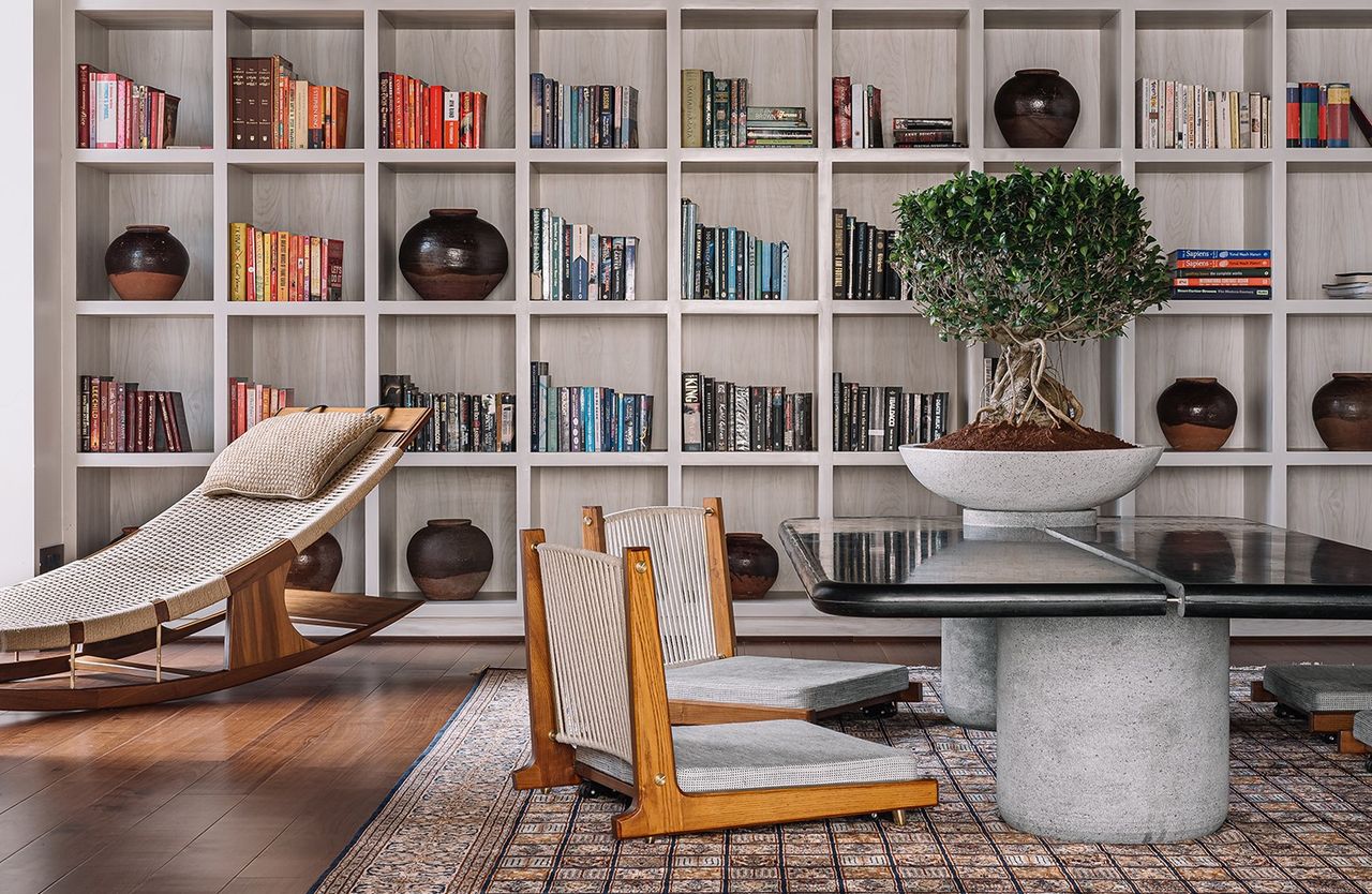 A dining room with floor seating