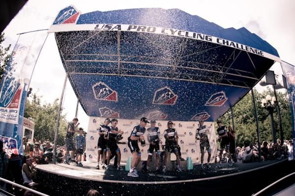 The Garmin-Cervelo team celebrates winning the team competition.