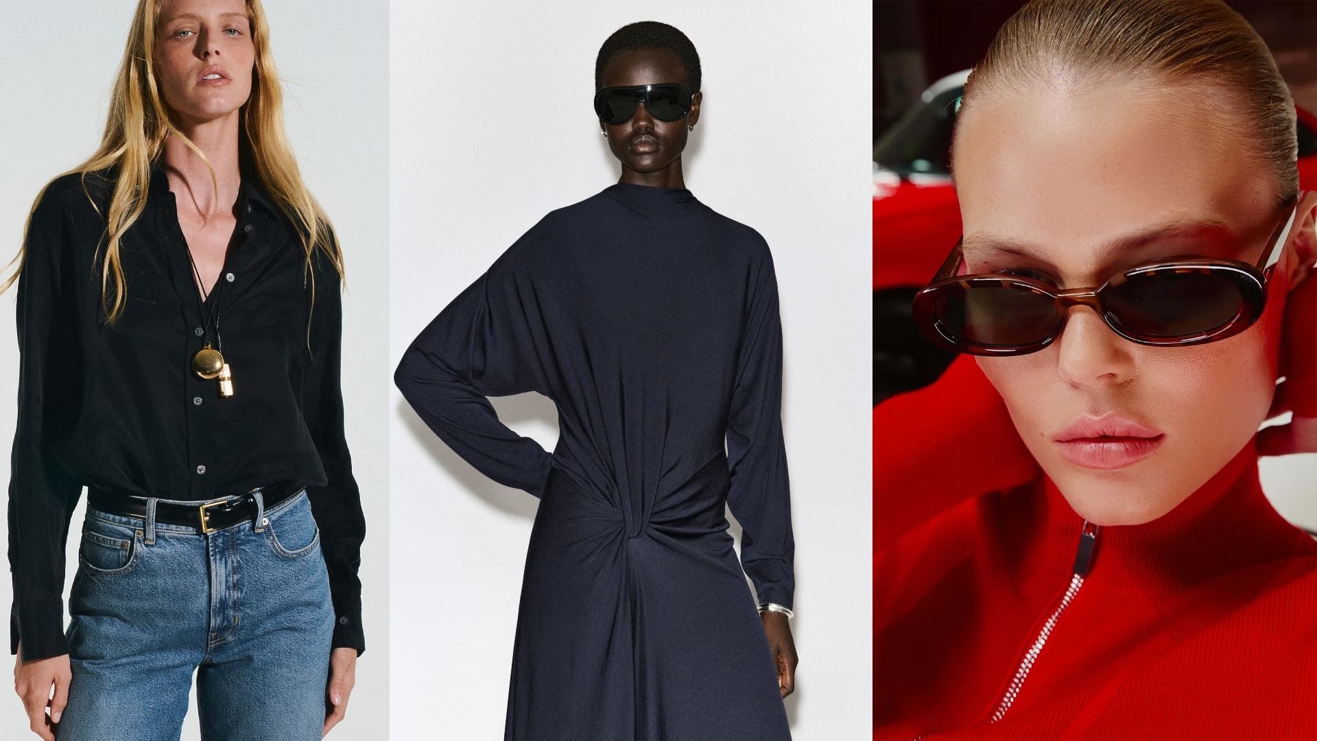 models from J.Crew, Cos, Le Specs campaign, wearing a black button down, blue dress, and small sunglasses