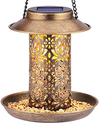 Sweetfull Solar Bird Feeder for Outdoors Hanging, Metal Wild Bird Feeder for Cardinals Solar Garden Lantern With S Hook as Gift for Bird Lovers (2lbs Heavy Duty Birdfeeders)