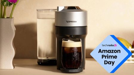 Nespresso Vertuo Pop brewing a coffee on a countertop