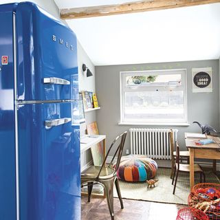 room with fridge and radiator