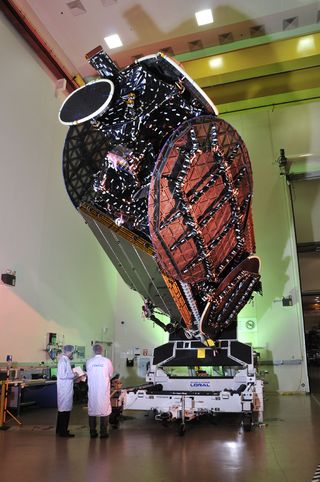 EchoStar XVI spacecraft being prepped for space sendoff.
