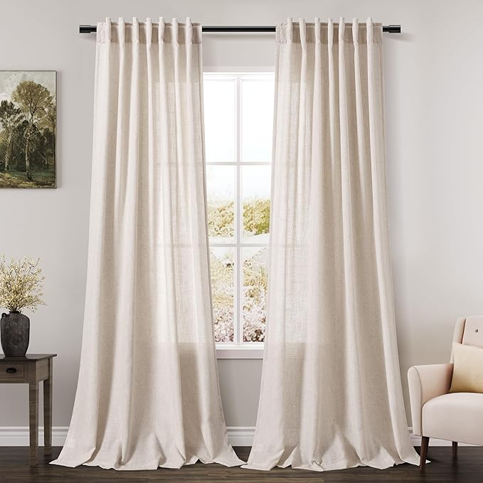 Nanspring, Beige Flax Linen Curtains 84 Inches Long for Living Room 2 Panel Tan Burlap Textured Drapes Semi Sheer Privacy Khaki Window Curtain Country Rustic Farmhouse Canvas Cloth Curtain for Dinning Room