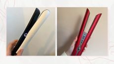 On the left, hand holding white ghd Platinum+ and on the right, hand holding a red Dyson Corrale, on a white background with pink swirly graphics
