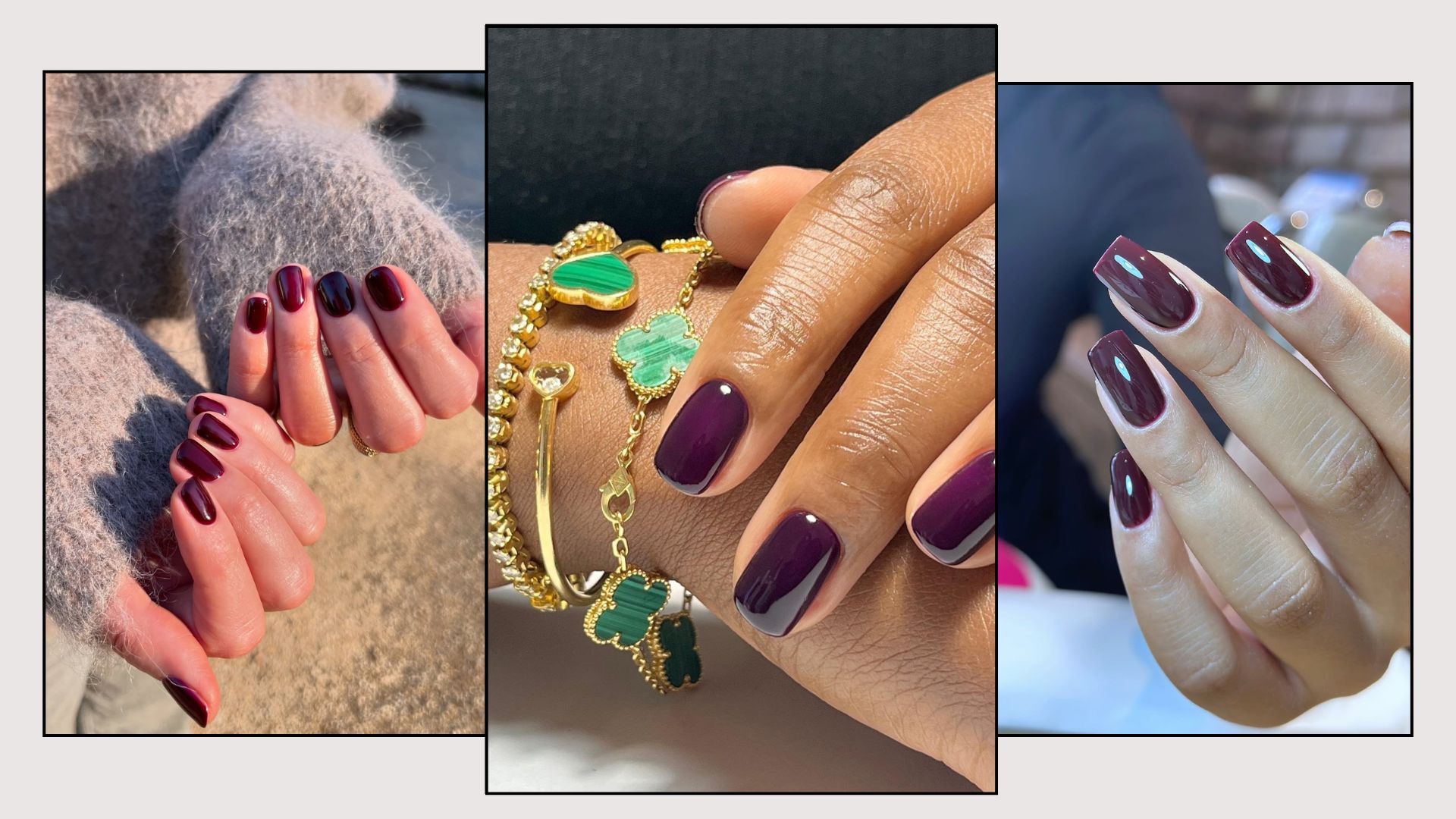 Three aubergine-coloured nail looks