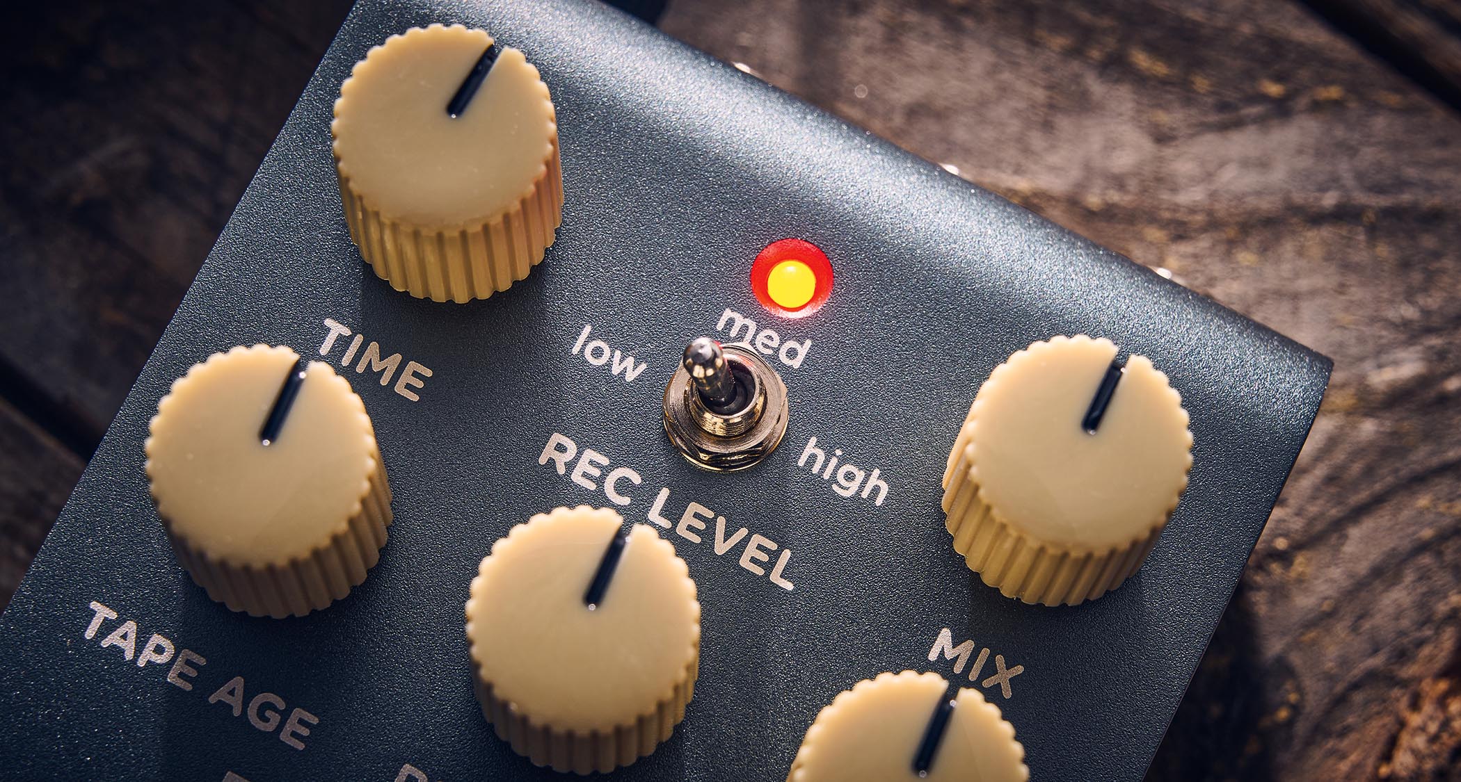 Strymon EC-1 Single Head dTape Echo: the metallic gray box has cream dials, an LED that lights up blue and/or red, and is photographed here against a wooden background.