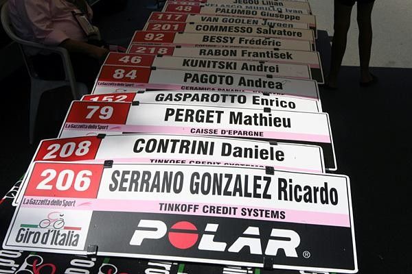 The name boards to be attached to each rider's support vehicle.