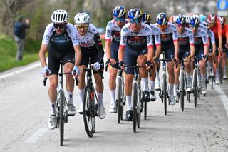 The peloton led by Q36.5, Red Bull-Bora-Hansgrohe and UAE Team Emirates-XRG on stage six of Tirreno-Adriatico 2025