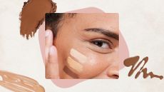 A close-up of a woman's cheek with three different shades of foundation applied in a line/ in a cream template with three different foundation and powder makeup swatches.
