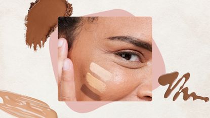 A close-up of a woman's cheek with three different shades of foundation applied in a line/ in a cream template with three different foundation and powder makeup swatches.
