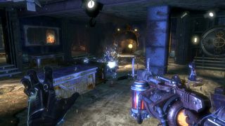 Ett Rivet Gun från BioShock 2, sett ur förstapersonsperspektiv.