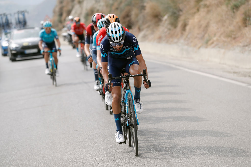 BAZA SPAIN FEBRUARY 19 Ivan Ramiro Sosa Cuervo of Colombia and Movistar Team competes in the breakaway during the 68th Vuelta A Andalucia Ruta Del Sol 2022 Stage 4 a 167km stage from Cllar Vega to Baza 836m 68RdS on February 19 2022 in Baza Spain Photo by Bas CzerwinskiGetty Images