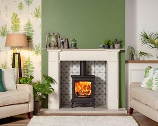 Ecodesign log burner by Stovax Gazco with green wall paint decor