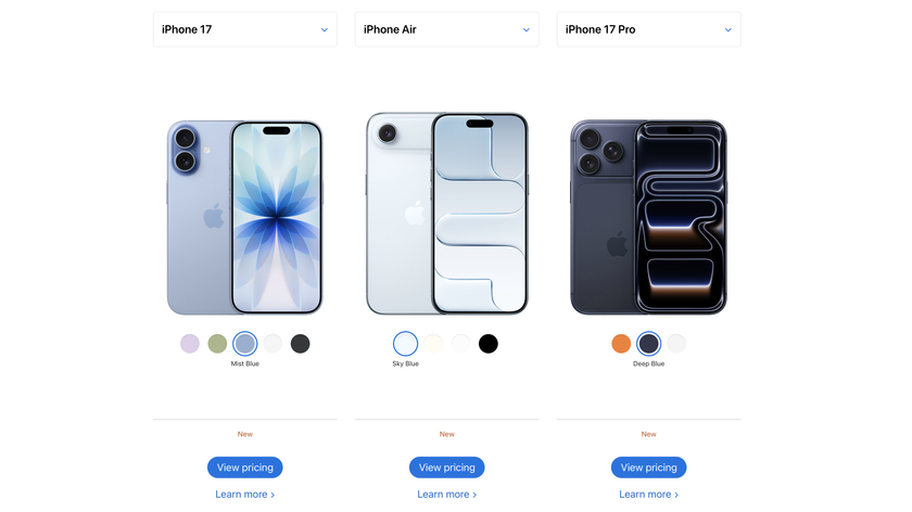 Screenshot of iPhone 17 comparison on Apple website