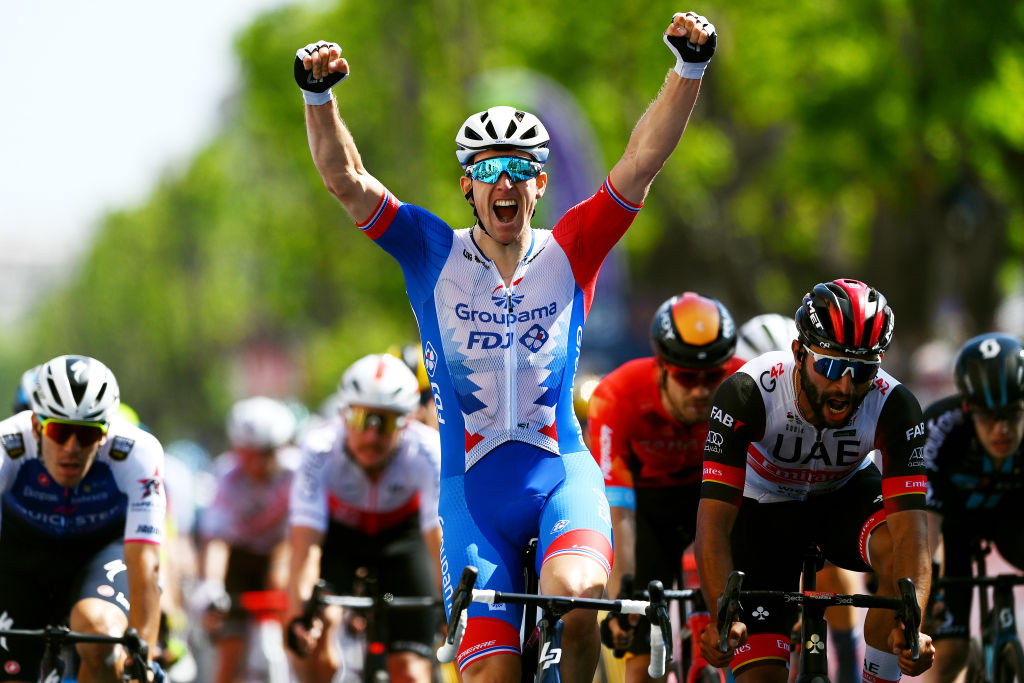 MESSINA ITALY MAY 11 Arnaud Demare of France and Team Groupama FDJ celebrates winning ahead of Fernando Gaviria Rendon of Colombia and UAE Team Emirates during the 105th Giro dItalia 2022 Stage 5 a 174km stage from Catania to Messina Giro WorldTour on May 11 2022 in Messina Italy Photo by Tim de WaeleGetty Images